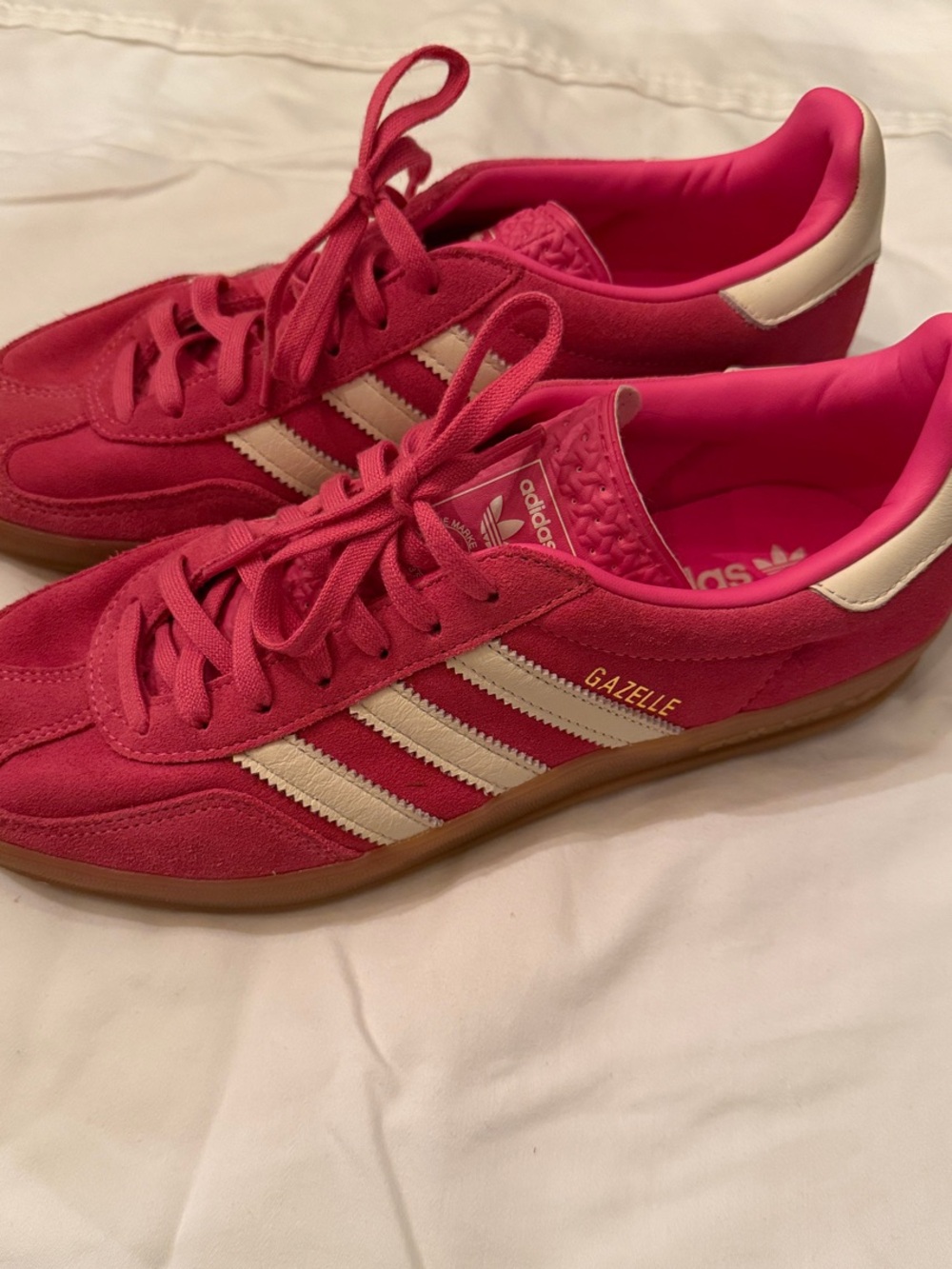 adidas Pink Suede Gazelle Sneakers with Cream Stripes
